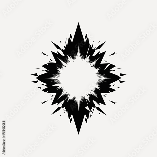 A geometric illustration of a black explosion with jagged edges emanating from a central white void