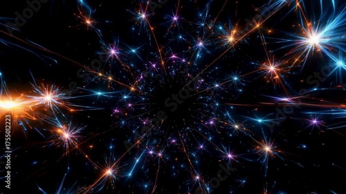 Dynamic abstract background with vibrant light trails radiating from a central point, perfect for digital art and visual effects projects