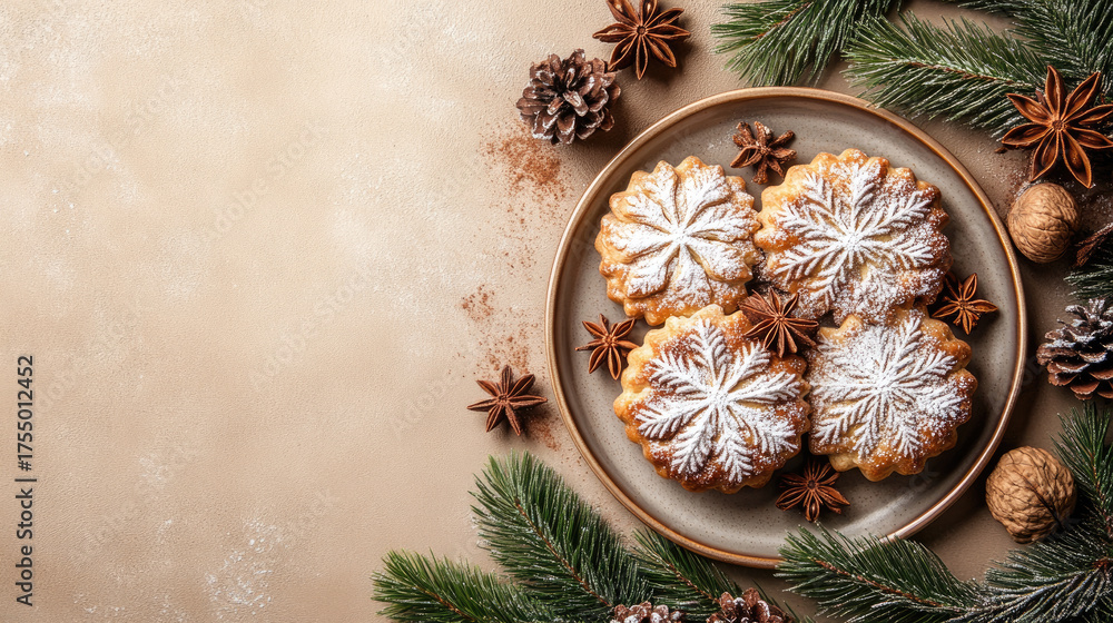 Fototapeta premium Snowflake sugar cookies displaying festive winter design, sprinkled with powdered sugar, nestled among holiday spices, nuts, and evergreen elements on neutral backdrop