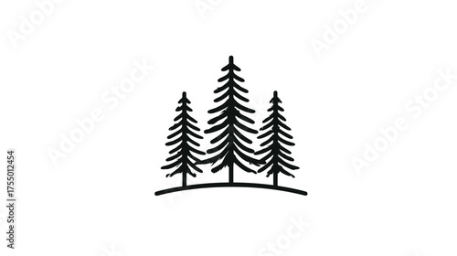 Black inked outline of three coniferous trees and implied ground against a white background