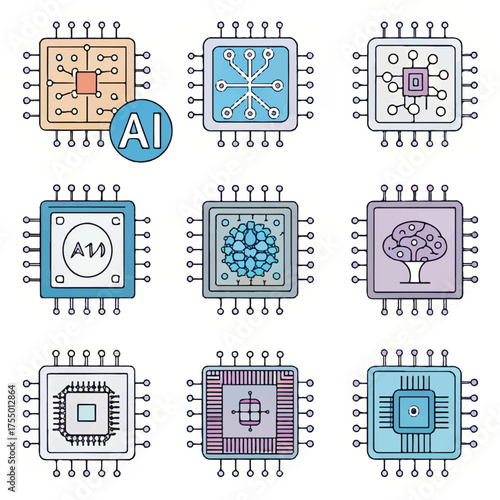 Artificial Intelligence Chip Icon Set – Vector Microchip and Neural Processor Symbols