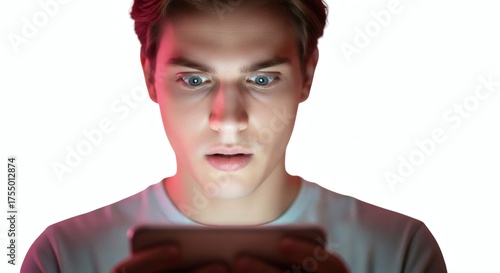Young man with a shocked expression looking at his smartphone screen