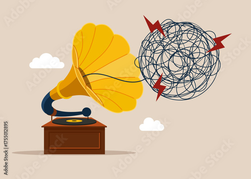 Gramophone with music chaos.  Stress to talk on stage, frightening to give speech to people. Vector flat illustration.