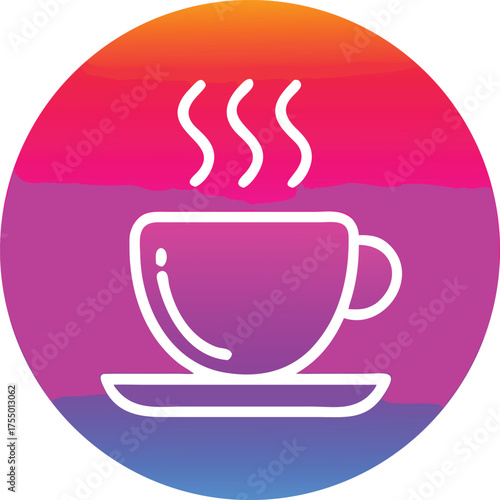 Charming Coffee Cup Silhouette with Steam Icon on Round Gradient Background. Vector Illustration