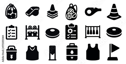 Fitness and exercise solid icons set – filled, workout, gym equipment symbols