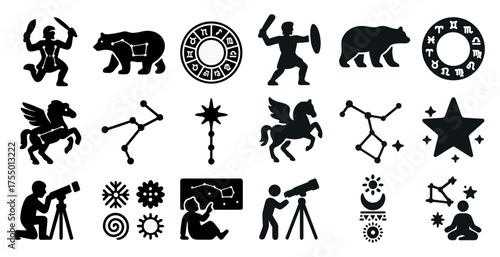 Astrology silhouette icons set - zodiac, constellation, celestial symbols