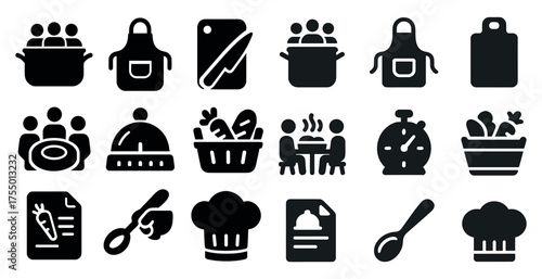Cooking and dining solid icons set – filled, kitchen, recipe symbols