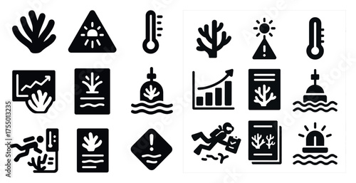 Marine and diving solid icons set - filled, ocean, underwater exploration symbols