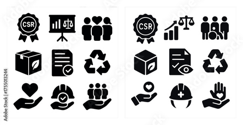 Corporate social responsibility solid icons set – flat, filled, ethics symbols