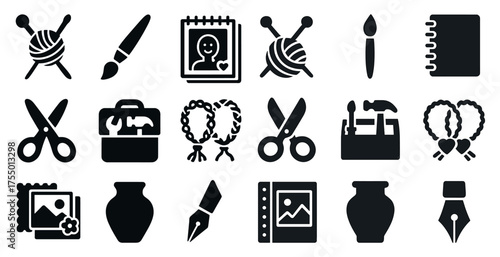 Arts and crafts solid icons set – silhouette, filled, creative hobby symbols