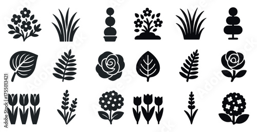 Garden and nature icons set: silhouette, solid, floral and plant design symbols