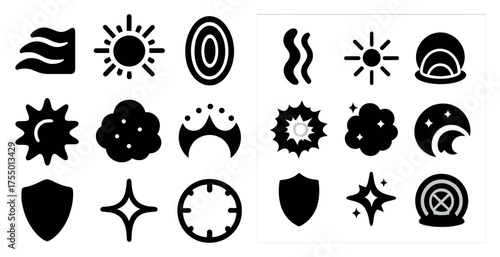 Weather and nature icons set – solid, silhouette, climate and atmospheric symbols