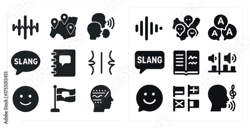 Communication and language icons set – solid, filled, speech and translate symbols