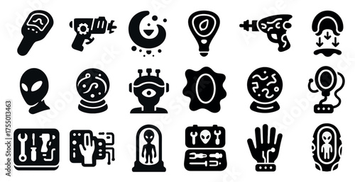 Alien and space solid icons set – filled, futuristic, extraterrestrial and sci-fi symbols