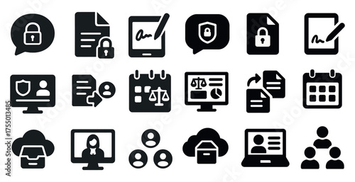 Security and legal solid icons set – filled, protection, privacy symbols