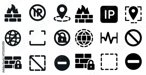 Cybersecurity and internet solid icons set – firewall, vpn, privacy symbols