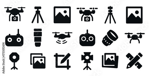 Drone and photography solid icons set – silhouette, filled, aerial symbols