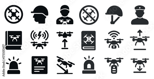 Drone and quadcopter solid icons set – filled, silhouette, uav symbols collection