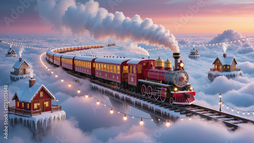 Christmas train traveling through snowy clouds in magical winter sunset