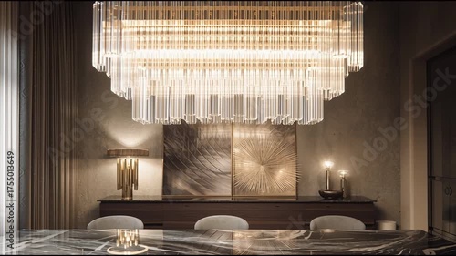 Luxurious crystal chandelier hanging in minimal modern interior with glowing wall lights. Concept of elegance and refinement
