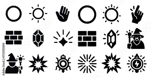 Magic and fantasy solid icons set – silhouette, outline, wizard and enchanted symbols