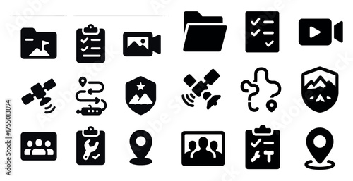 Navigation and location solid icons set – flat, filled, map and gps symbols
