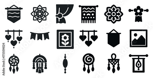 Home decor silhouette icons set – solid, filled, ornaments and interior design symbols