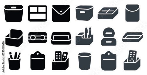 Storage solutions solid icons set – filled, organization, and container symbols