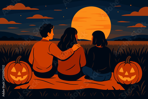 Friends enjoy a cozy autumn evening with pumpkins under a full moon sunset