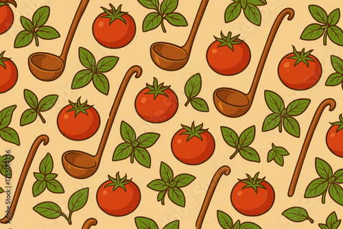 Colorful pattern featuring tomatoes, basil leaves, and ladles on a beige background