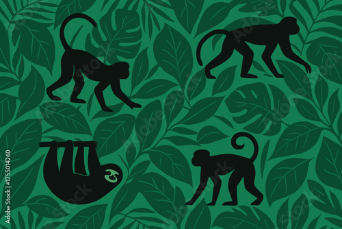 Various monkeys and a sloth illustrated among dense green foliage in a tropical rainforest setting