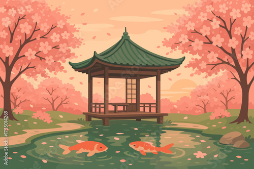 Peaceful scene of koi fish swimming in a tranquil pond beside blooming cherry blossom trees at sunset