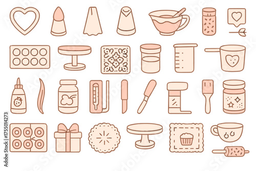 Baking tools and ingredients displayed in a creative layout for dessert preparation and decoration ideas