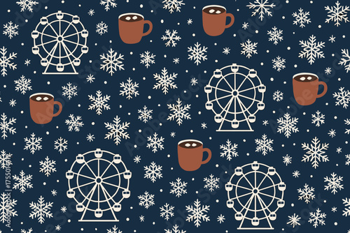 Winter carnival theme featuring ferris wheels and hot drinks against a snowy backdrop