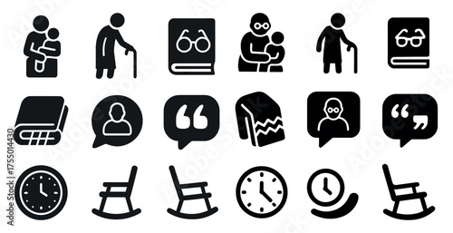 Elderly care solid icons set – filled, silhouette, healthcare and support symbols