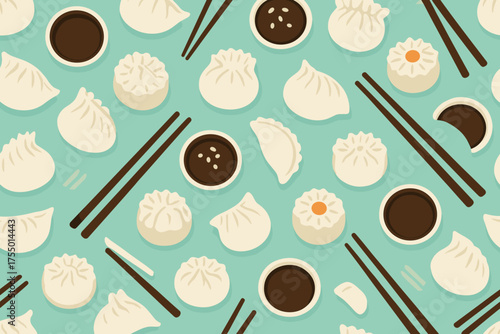 Delicious dumplings and sauces arranged on a light blue background with chopsticks ready for a tasty meal