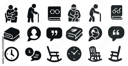 Elderly care solid icons set – flat, filled, senior support and health symbols