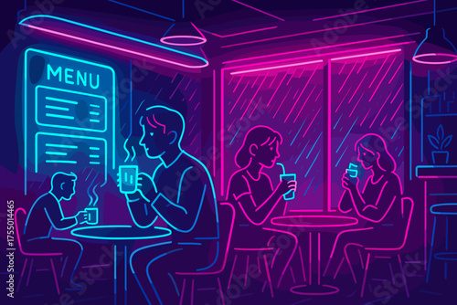 Cozy indoor cafe scene at night with people enjoying drinks and lively neon lights