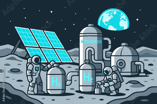 Innovative hydrogen production system on the moon with astronauts working under a starry sky