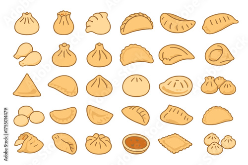 Various types of dumplings and stuffed pastries displayed in neat rows for culinary exploration and enjoyment
