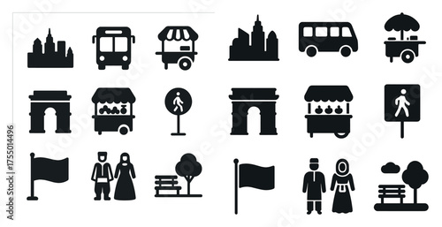 Urban and street silhouette icons set – flat, filled, city and public transport symbols