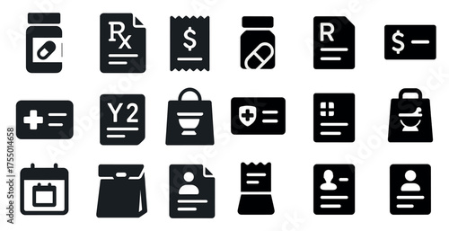 Pharmacy and prescription icon set – solid, filled, medication and health symbols