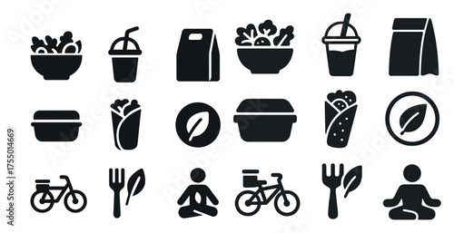 Healthy lifestyle solid icons set – filled, nutrition and wellness symbols