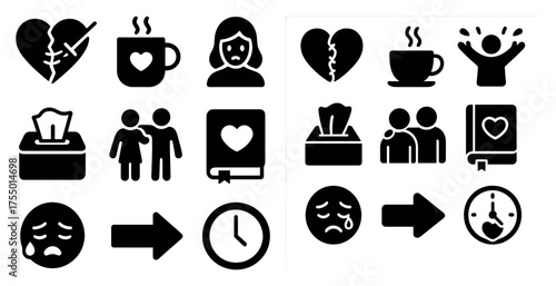 Emotional wellness silhouette icons set – mental health, feelings, therapy symbols