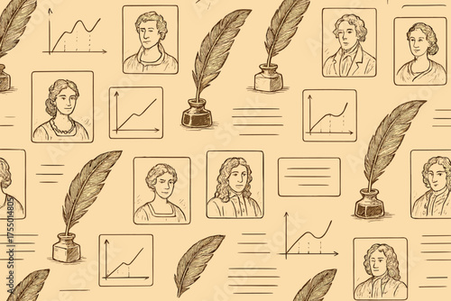 Vintage pattern featuring portraits and quills against a beige background