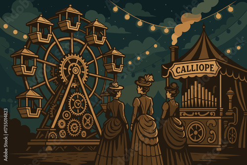 Vintage carnival scene with women enjoying a Ferris wheel and a calliope under strings of lights at night