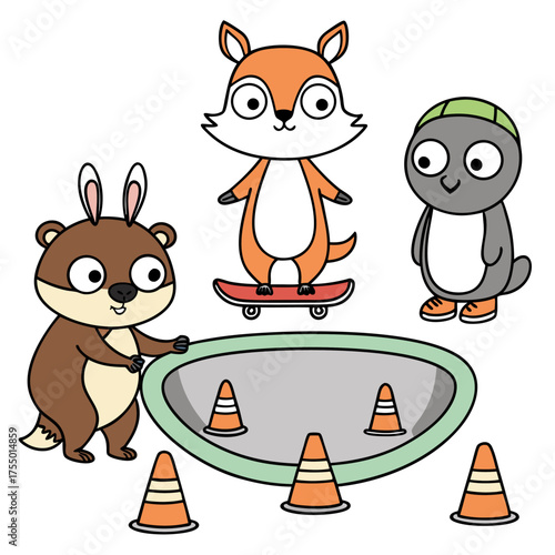Cute cartoon fox on skateboard with beaver penguin and cones vector