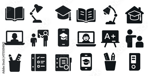 Education and learning solid icons set – filled, academic, online teaching symbols