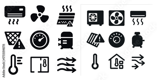Hvac and climate control solid icons set – air conditioning, heating, ventilation symbols