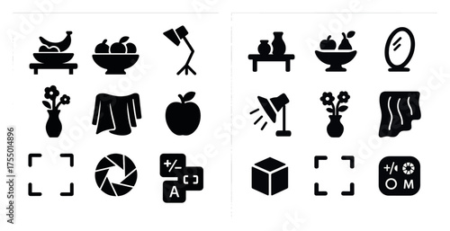 Home decor and still life filled icons set – solid, interior, decorative elements